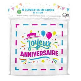 16 Serviettes en papier Joyeux Anniversaire multicolores 33 x 33